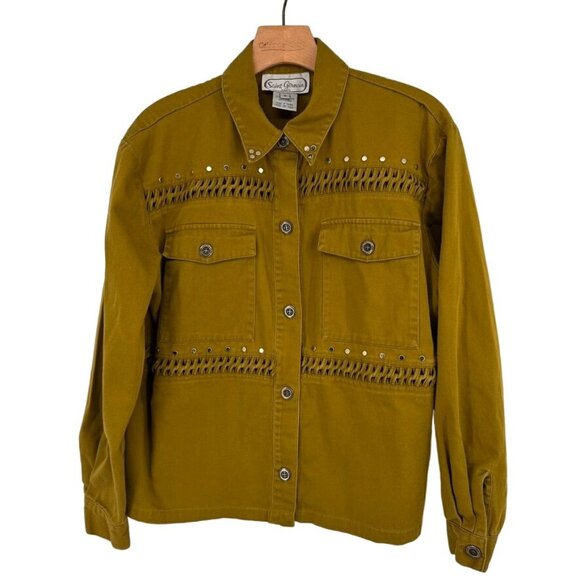 Saint Germain Paris women's size Medium chartreuse Studded  denim Jean Jacket - Picture 1 of 10